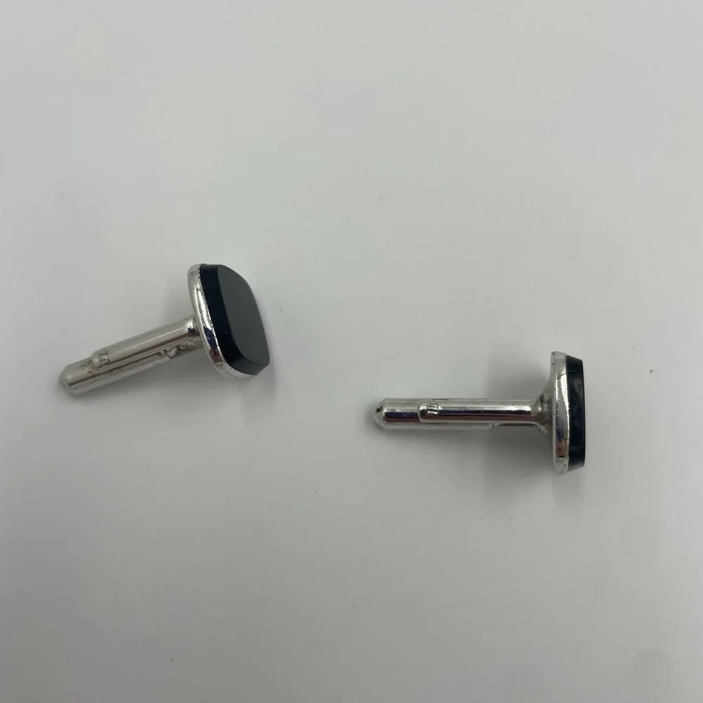 Vintage Black Onyx Men's‎ Cufflinks Silver Tone Square USA Eclectic Grandpa